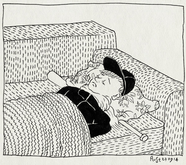 tekening 2682, bank, dekentje, honkbal, honkbalknuppel, honkbalpetje, midas, nekpijn, ovvo, stijve nek