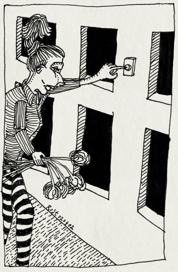 tekening 32, aanbellen, bel, bloemen, sorry, tulpen