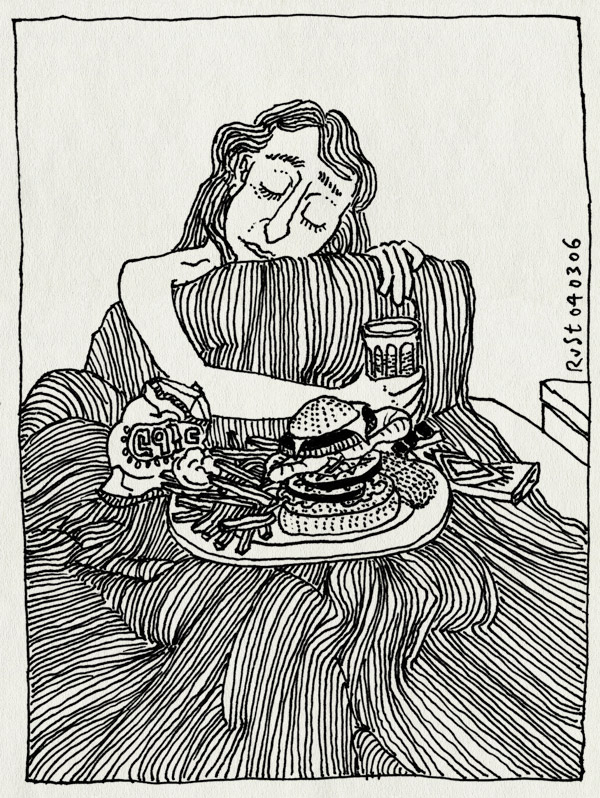 tekening 523, martine 10e bed eten chips chocola hamburger kroket bord friet patat frech fries crisps chocolate