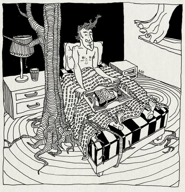 tekening 534, the drif lullaby bed ontbijt boom raam band breakfast dream droom ontwaken awake