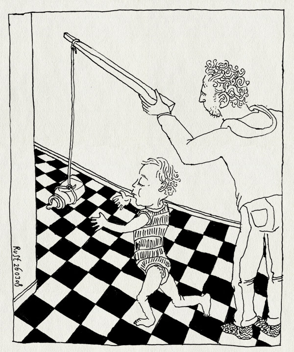 tekening 605, bottle, donkey, ezel, fles, gang, hallway, hengel, lopen, midas, rod, ruben, stappen, tegels, tiles, walking