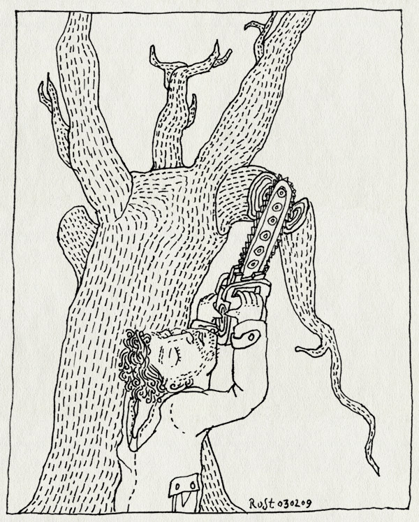 tekening 628, boom, chainsaw, kettingzaag, W, werk, zagen