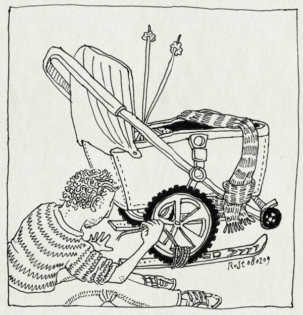 tekening 633, bugaboo, hoskens, kinderwagen, ski, sneeuw, vakantie, vastbinden, wagen, wintersport