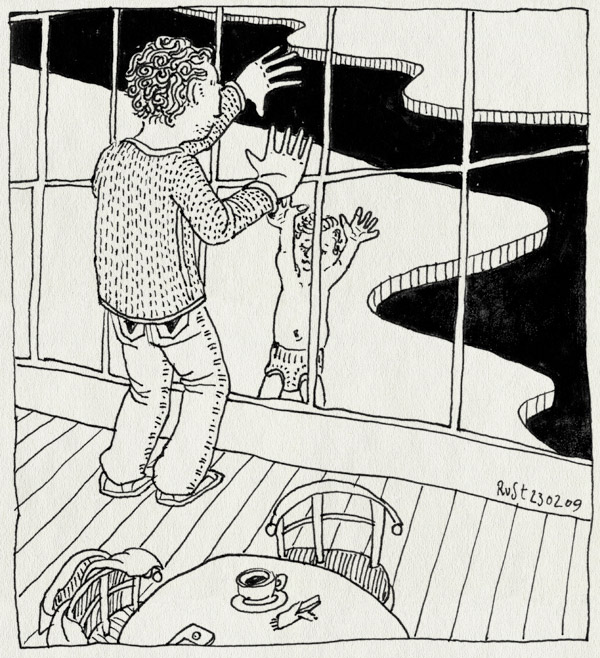 tekening 648, de mirandabad, gevangenis, glass, handen, hands, midas, prison, window, zwembad