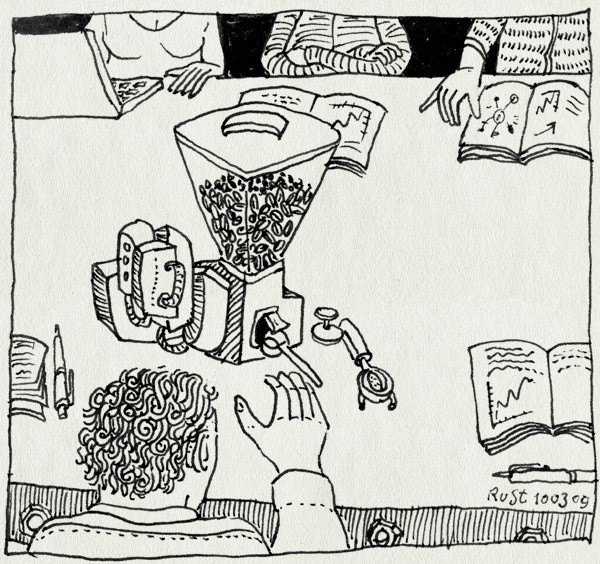 tekening 663, coffee, geluid, koffie, koffiemaler, medewerkersvergadering, nh49, noise, vergadering, werk