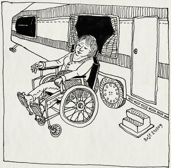 tekening 674, camping, caravan, lente, marion, marion10, rolstoel, stacaravan, wheelchair, zon