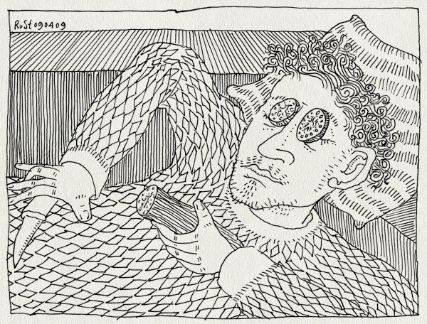 tekening 693, bank, couch, cucumber, kitchenknife, knife, komkommer, mes aardappelschilmesje, moe, rust, tired