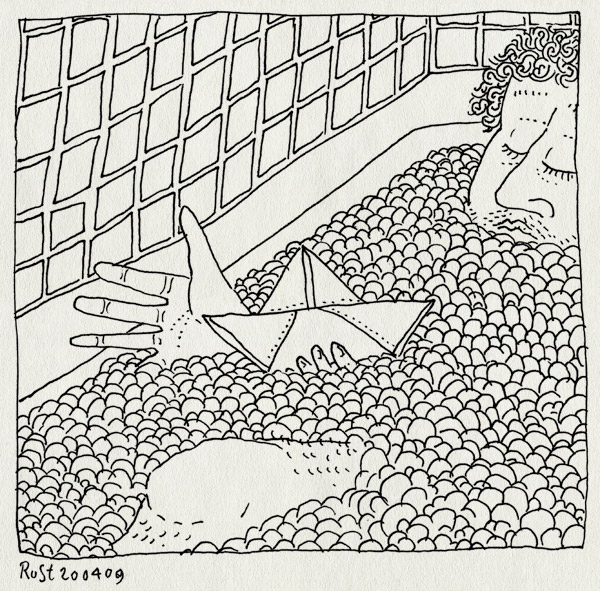 tekening 704, bad, bath, bubbels, bubbles, paper boat, papieren bootje, play, rest