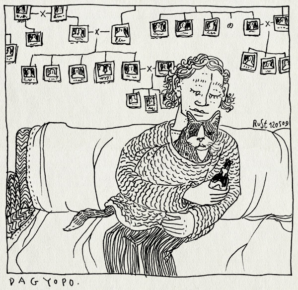 tekening 726, 1999, bank, cat, eindhoven, ervengalanakisverschikkelijkgezellig, gran foulard, im, kat, lang haar, studentenhuis, trui, willemdezwijgerstraat, yopo