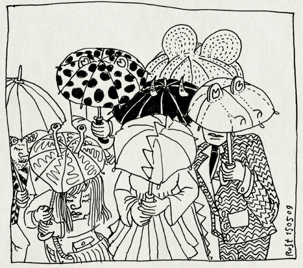 tekening 729, draak, dragon, frog, kikker, lieveheersbeestje, olifant, paraplu, rain, umbrella