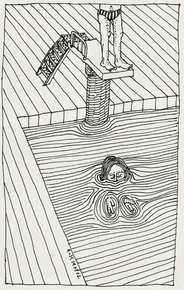 tekening 73, denkbeeld, duiken, duikplank, gevaarlijk, pas op, water, zwambad