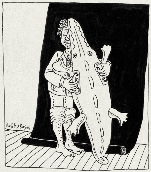 tekening 742, achterdoek, crocodile, fotoshoot, inflatable, krokodil, micompany, opblaaskrokodil, opgerolde broekspijpen