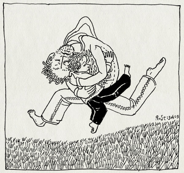 tekening 758, barefoot, gras, grass, midas, park, rollebollen, springen, stoeien