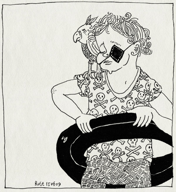 tekening 760, bond tegen vloeken, curse, doodshoofden, eyepatch, midas, napraten, ooglapje, papegaai, piraat, pirate, skulls, vloeken, zwemband