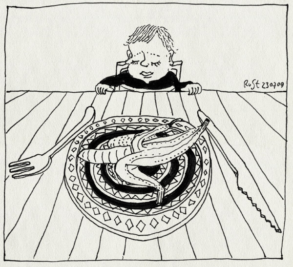 tekening 798, alwine, banaan, banana, bord, eten, kinderstoel, plate, tafel, triptrap