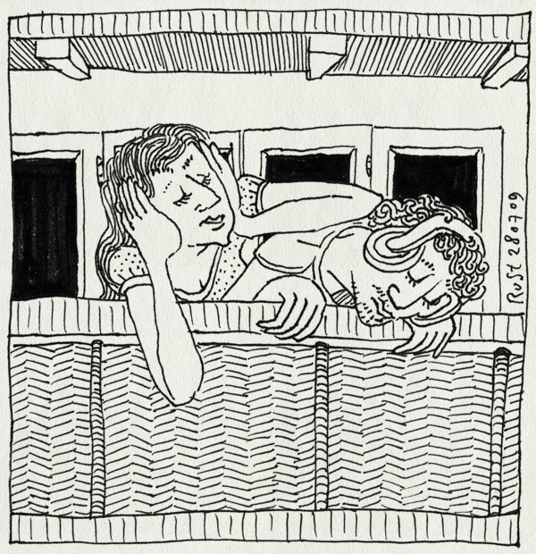 tekening 803, 10e, balcony, balkon, buren, ears, gehoorbescherming, koptelefoon, martine, neighbours, oren