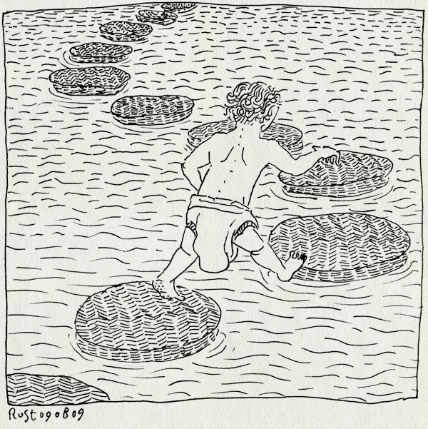 tekening 815, bad, badje, bath, beatricpark, midas, pierenbadje, springen, stenen, stepping stones, water