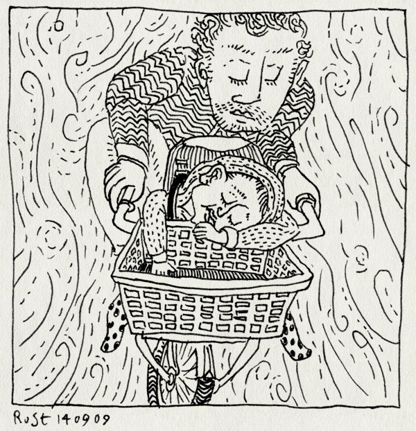 tekening 851, alwine, amsterdam, bak, bicycle, bike, fiets, fietsen, in slaap gevallen, slaap, slapen, wind