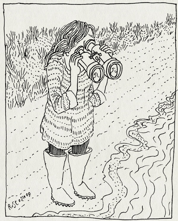 tekening 869, 10e, duin, goggles, google wave, kijken, martine, strand, uitkijk, verrekijker, wave, zee