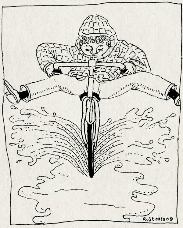tekening 874, benen, bicycle, bike, capuchon, door de plas, fiets, omhoog, plas, rain, regen