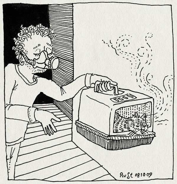 tekening 875, cat, gasmasker, geur, kattenbak, stank, stink, stinkertje, tijger, tijgertje