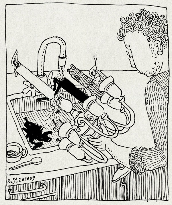 tekening 887, canle, chandelier, clean, kaars, kaarsen, kandelaar, kraan, schoonmaken, sink