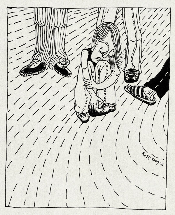 tekening 92, omgezien, ongelukkig, straat, zitten