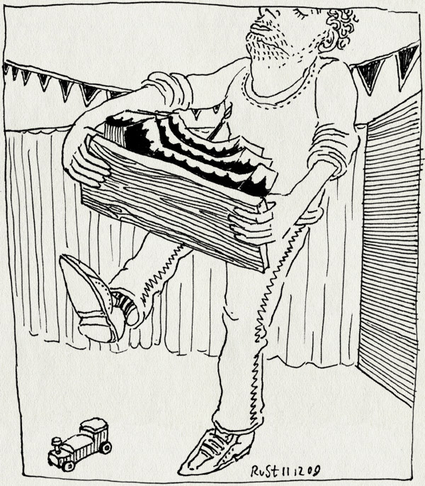 tekening 939, 1, alwine, birthday, een, jarig, kikvorsperspectief, struikelen, taart, train, trein, val