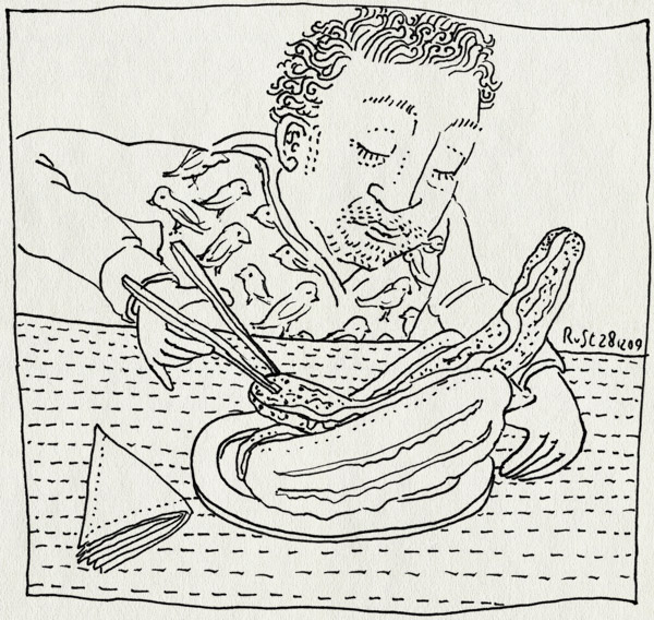 tekening 956, bratwurst, broodje braadworst, chopsticks, cologne, duitsland, eten, germany, japans, keulen, köln, stokjes, wurst