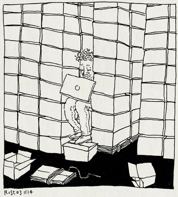 tekening 2719, 2500dagenrust, boeken, dozen, elschot, kaas, macbook, opslag, stock, vol, werk