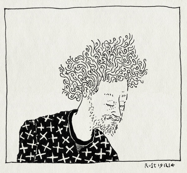 tekening 2765, bob ross, explosie, haar, kapper, kapsel, krullen, teveel