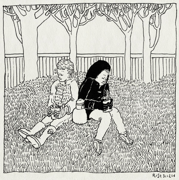 tekening 2777, alwine, amstelpark, bomen, chocomel, frisbeeveldje, midas, picknick, thermoskan, warme choco, winter