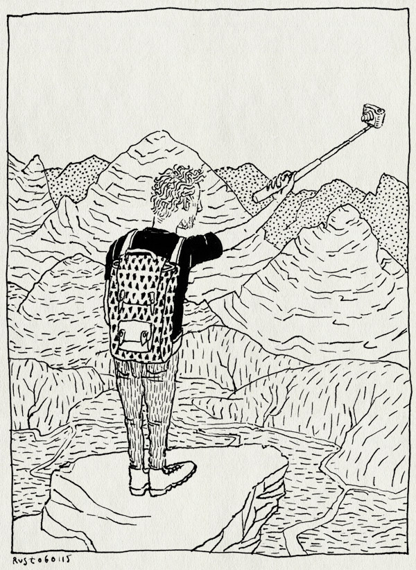tekening 2783, bergen, cartoon, perspectied, selfie, selfiestick, uitzicht, view, wereldbeeld