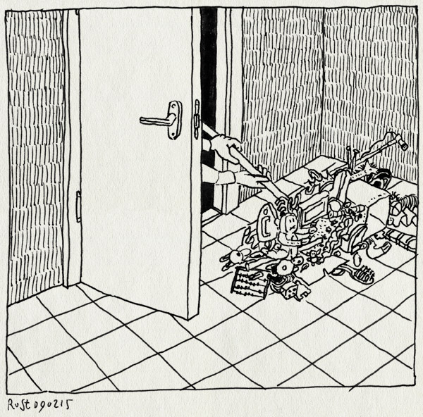 tekening 2817, alwine, bezem, declutter, deur, kamer, leegvegen, martine, opruimen, rommel, speelgoed