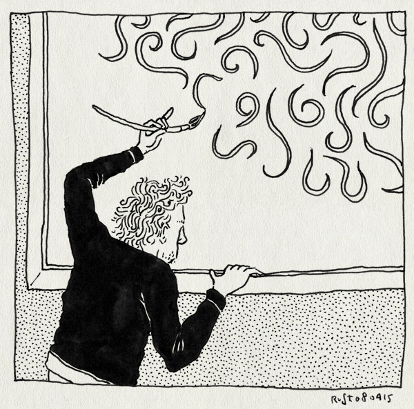 tekening 2875, boekje, boekpresentatie, krullen, krulletter, penseel, raam, retype, schilderen