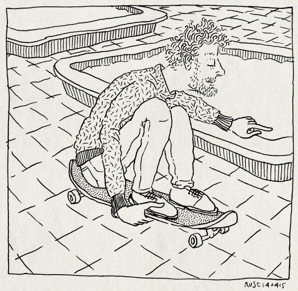 tekening 2881, dongeplein, skateboard, skaten, vader