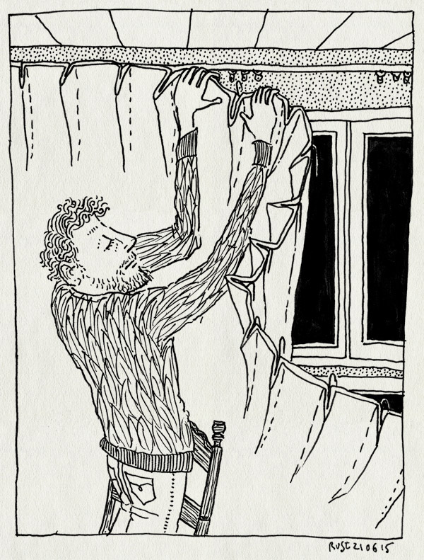 tekening 2949, afhalen, donker, gordijnen, licht, maasstraat, ophangen, slaapkamer, stoel, verduisteren, vervangen