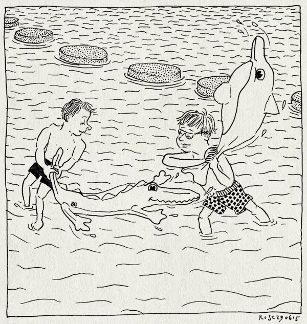 tekening 2957, badje, beatrixpark, midas, opblaasdolfijn, opblaaskrokodil, vadim, water, watergevecht, zomer