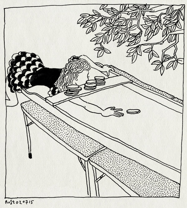 tekening 2960, alwine, annefrankschool, boom, eindfeest, feest, sjoelbak, sjoelen, thee in de tuin