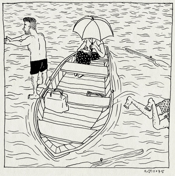 tekening 2969, bon, bootje, duiken, floor, maaike, overboord, paraplu, parasol, riemen, roeiboot, vinkeveense plassen, zwemmen