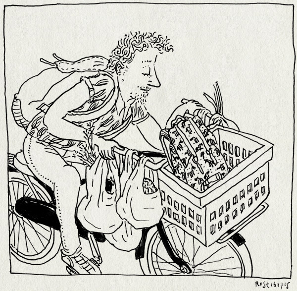 tekening 2974, albert cuyp, boodschappen, cuyp, fiets, fietsbak, rugtas, tasjes