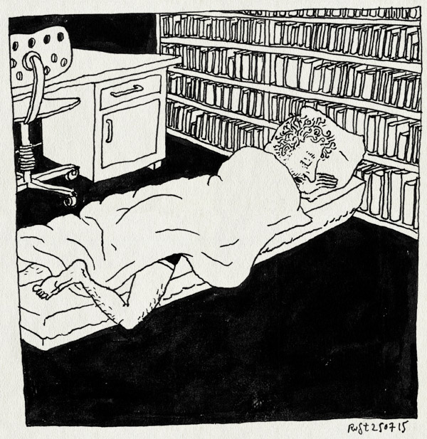 tekening 2983, boeken, bureau, familie wilbrink, festival, gijs, matras, slapen, smal, snurken, studeerkamertje, zwarte cross