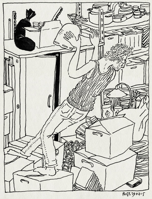 tekening 2987, dozen, gas, gasfles, rommel, spulletjes, vakantie, voorbereiding, zolder