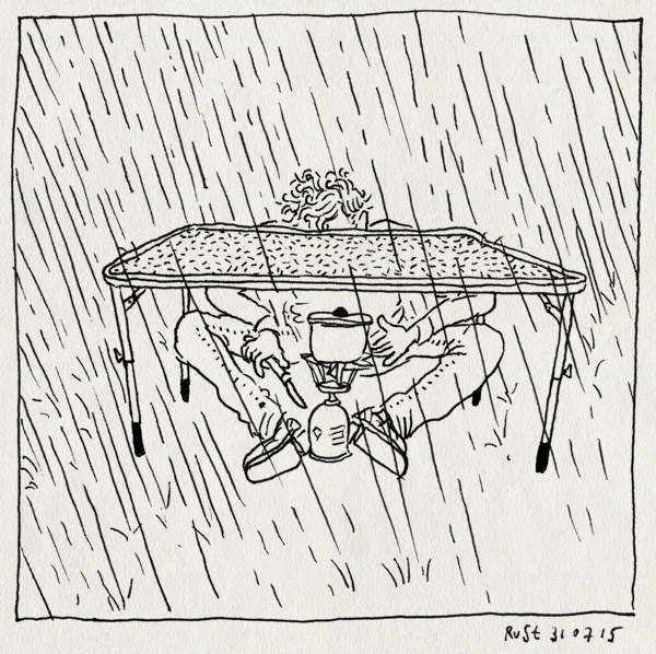 tekening 2989, campinggaz, gas, kamperen, koken, koostelletje, regen, tafeltje, vakantie, voorbereiding, zakmes