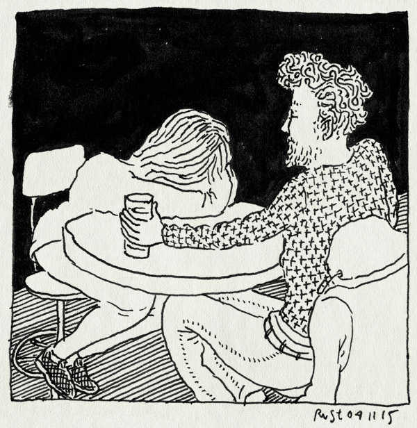 tekening 3085, bar, bier, drinken, mirjam, pking, praten, tafel