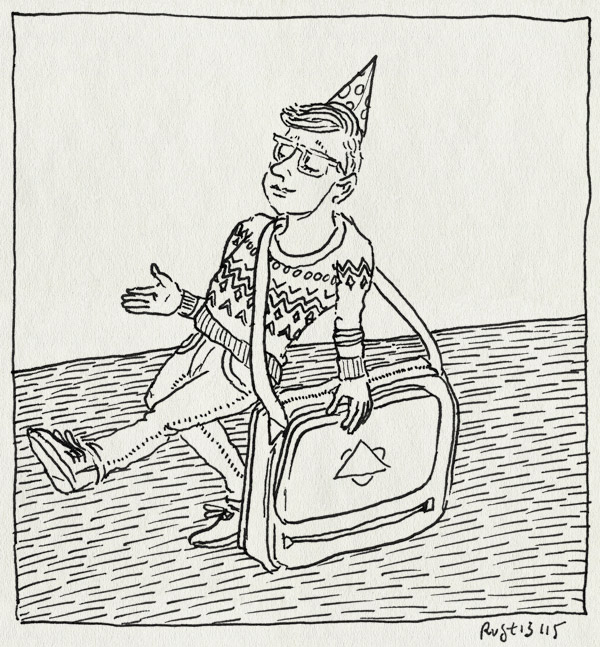 tekening 3094, 9, feesthoedje, feestmuts, jarig, midas, negen, schooltas, tas, verjaardag