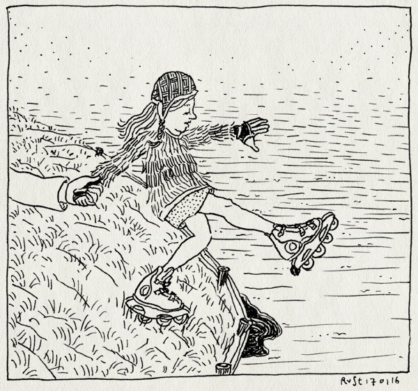 tekening 3159, aleine, ijs, muts, redding, schaatsen, skates, vondelpark