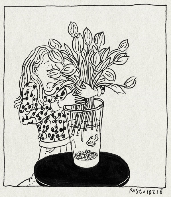 tekening 3174, alwine, steentjes, tulpen, vaas, vissenkom