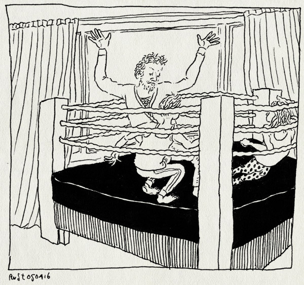 tekening 3238, alwine, bed, boksring, midas, slaapkamer, stoeien, stoeien op het bed