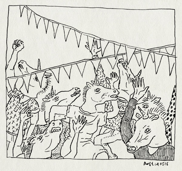 tekening 3277, dansen, eenhoorn, feest, jeeej, maasstraat, masker, maskers, slingers, unicorn, verjaardag, vlaggetjes
